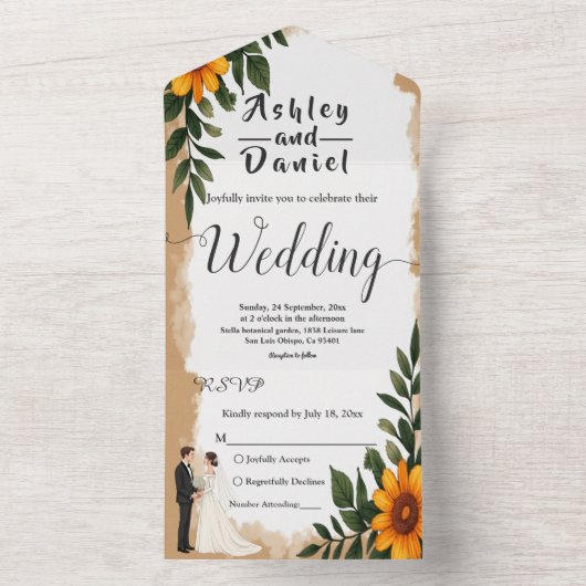 Elegante Waterverf Zonnebloem Zomer Bloemen Huweli All In One Uitnodiging (Binnen)
