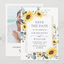 Elegante waterverf zonnebloemen eucalyptus bruilof save the date