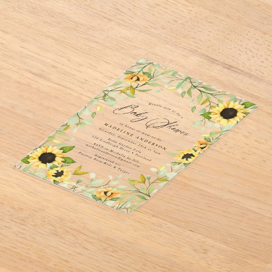 Elegante Waterverf Zonnebloemen & groen Acryl Uitnodigingen (Laagn)