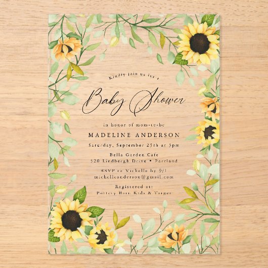 Elegante Waterverf Zonnebloemen & groen Acryl Uitnodigingen (Voorkant)