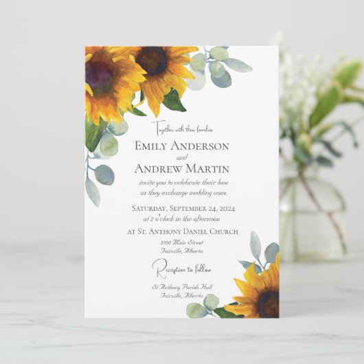 Elegante Waterverf Zonnebloemen Groen Bruiloft Kaart (Staand voorkant)