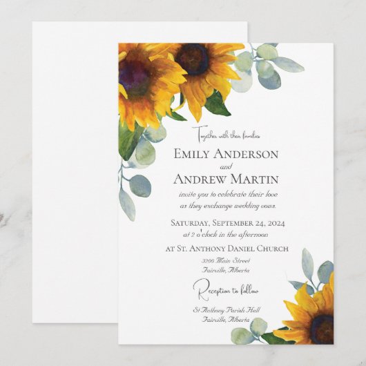 Elegante Waterverf Zonnebloemen Groen Bruiloft Kaart (Voorkant / Achterkant)