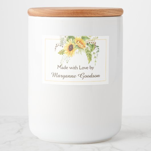 Elegante Waterverf Zonnebloemen groen labels Voedselcontainer Etiket (Voorkant)