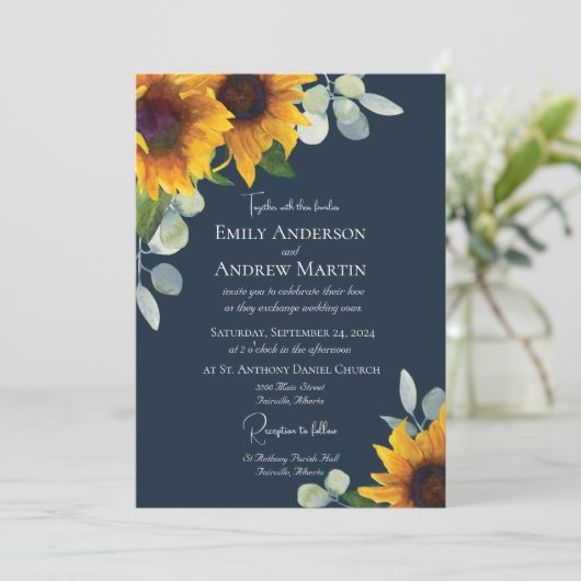 Elegante Waterverf Zonnebloemen Navy Blue Bruiloft Kaart (Staand voorkant)