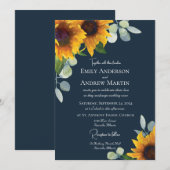 Elegante Waterverf Zonnebloemen Navy Blue Bruiloft Kaart (Voorkant / Achterkant)