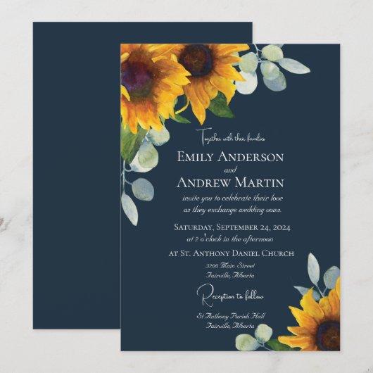 Elegante Waterverf Zonnebloemen Navy Blue Bruiloft Kaart (Voorkant / Achterkant)