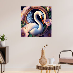 Elegante Waterverf zwaan in oosterse bloem Poster