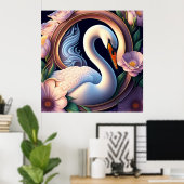 Elegante Waterverf zwaan in oosterse bloem Poster (Thuiskantoor)