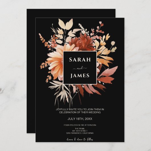 Elegante Waterverf Zwart Bloemen Vallen Bruiloft Kaart (Voorkant / Achterkant)