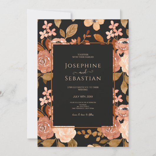 Elegante Waterverf Zwart Boho Bloemen Bruiloft Kaart (Voorkant)