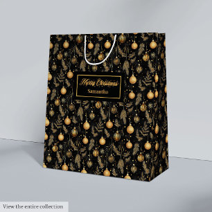 Elegante waterverf zwart en gouden kerstcadeau medium cadeauzakje