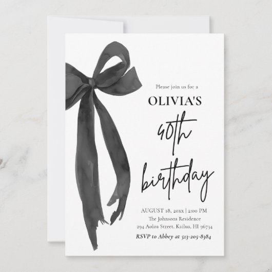 Elegante Waterverf Zwart Strik 40e Verjaardagsfees Kaart (Voorkant)