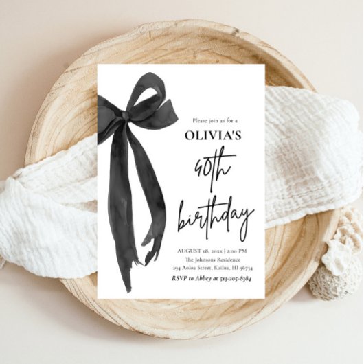 Elegante Waterverf Zwart Strik 40e Verjaardagsfees Kaart
