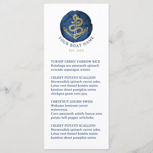 Elegante waterverfanker Nautische naam Navy-blauw Menu (Voorkant)