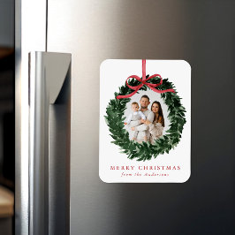 Elegante waterverfkrans met strik Kerst foto Magneet