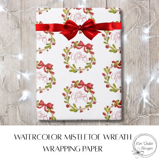 Elegante waterverfmistelkrans en rode strik  cadeaupapier