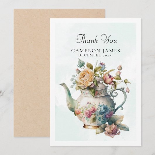 Elegante Waterverfteepot Bloem Thee Feestje Bedankkaart (Voorkant / Achterkant)