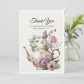 Elegante waterverfteepot bloem theevisite bedankkaart (Staand voorkant)