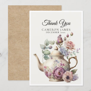 Elegante waterverfteepot bloemige theepartij bedankkaart