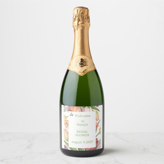 Elegante waterverftulpen sparkling wijnetiket (Voorkant)