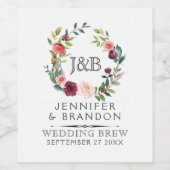 Elegante Waterverven bloemenkrans nr.1 Wijn Etiket (Enkel label)