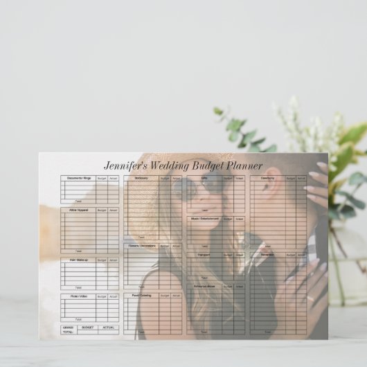 Elegante Wedding Budget Planner Foto Briefpapier (Staand voorkant)