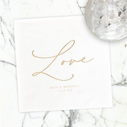 Elegante Wedding Love Script Namen & Trouwdatum Folie Servetten