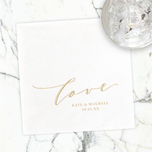 Elegante Wedding Love Script Namen & Trouwdatum Folie Servetten