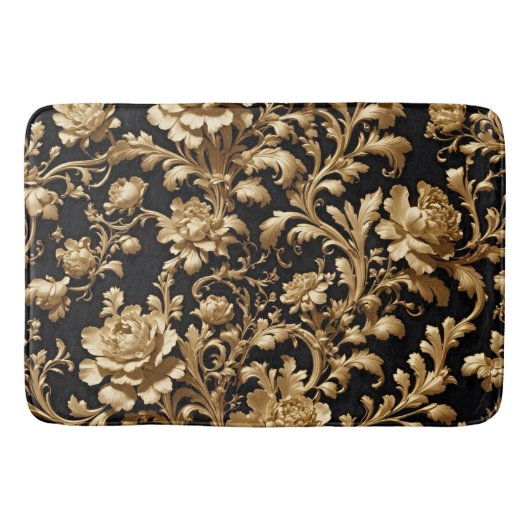 Elegante weelde: Zwart en Gouden Bloemen Vlaams Badmat (Voorkant)