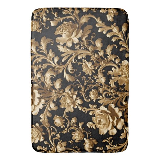 Elegante weelde: Zwart en Gouden Bloemen Vlaams Badmat (Voorkant Verticaal)