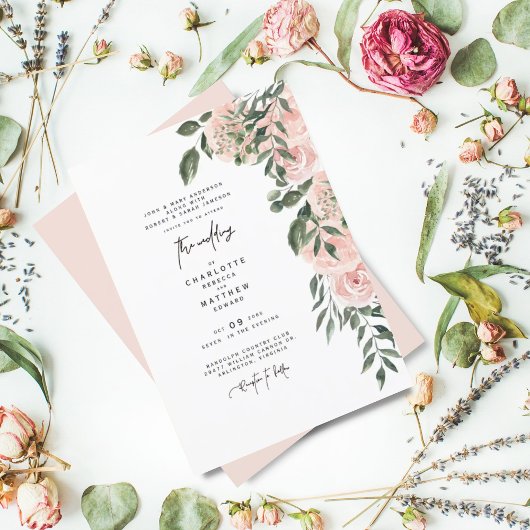 Elegante Weelderige Roze Bloemige Huwelijk Beide O Kaart