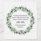 Elegante weelderige waterverf olijftakken krans  wijn etiket (Enkel label)