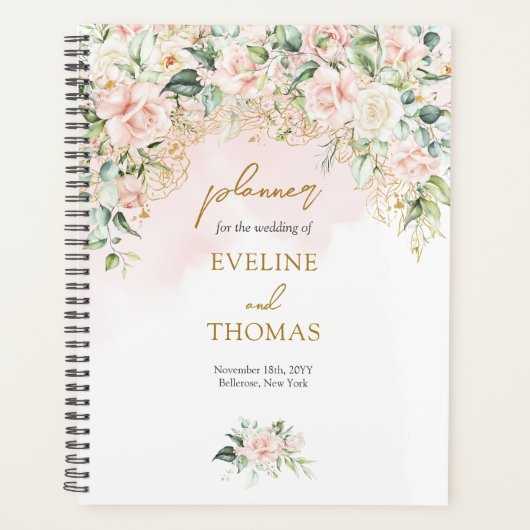 Elegante weelderige zachte roze rozen gouden bruil planner (Voorkant)