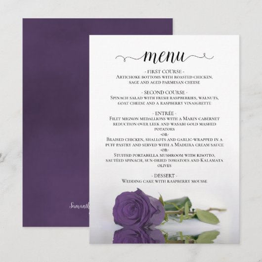 Elegante weerspiegeling Amethyst Paarse Roos Trouw Menu (Voorkant / Achterkant)