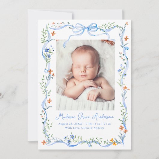 Elegante weide Bloemen Blauwe strik Foto Geboorte Aankondiging (Voorkant)