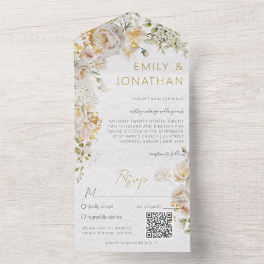 Elegante weide bloemenbruiloft QR-code All In One Uitnodiging (Binnen)