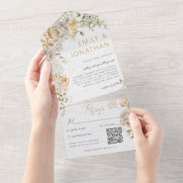 Elegante weide bloemenbruiloft QR-code All In One Uitnodiging