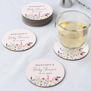 Elegante weide met wilde bloemen roze baby shower ronde kartonnen onderzetter