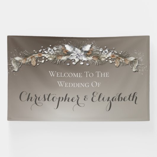 Elegante Welkom Bloemen Zilveren Winter Wedding Spandoek (Horizontaal)