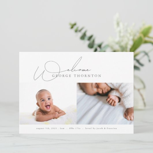 Elegante Welkom Foto Collage baby Geboorte Aankondiging (Staand voorkant)