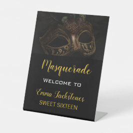 Elegante Welkom Goud Zwart Masquerade Verjaardag Reclamebord Met Voetstuk