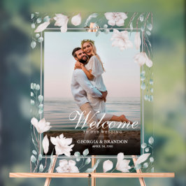 Elegante Welkom Huwelijksfoto Magnolia Floral Acryl Bord