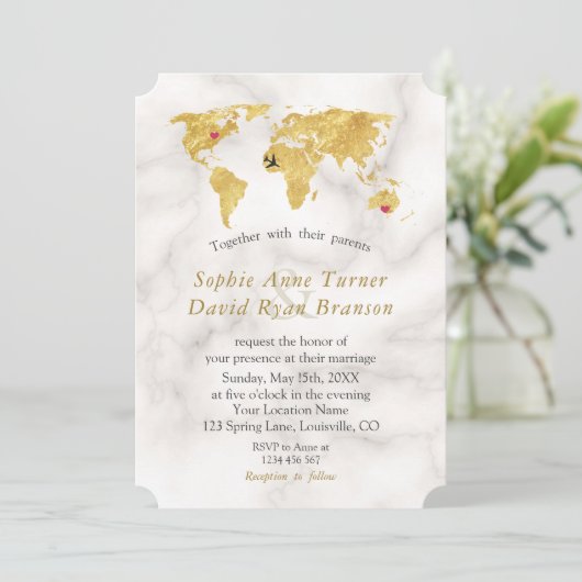Elegante Wereldkaart Huwelijksreis Bestemming Goud Kaart (Staand voorkant)