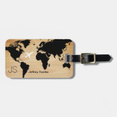 Elegante wereldreiziger monogram naam hout bagagelabel (Voorkant horizontaal)