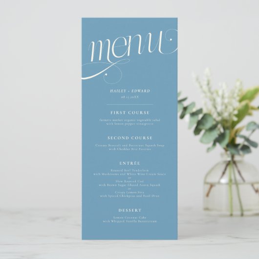 Elegante Wervelende Denim Blauwe Trouwmenu Menu (Staand voorkant)