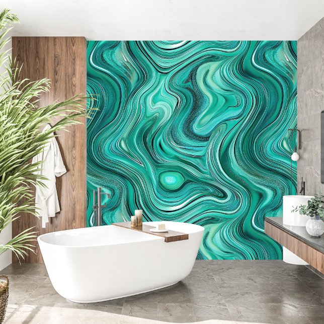 Elegante wervelende golven Vloeibare turquoise aga Behang (Elegant swirling Waves Liquid Turquoise Agate Wallpaper)