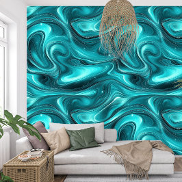 Elegante wervelende golven Vloeibare turquoise aga Behang