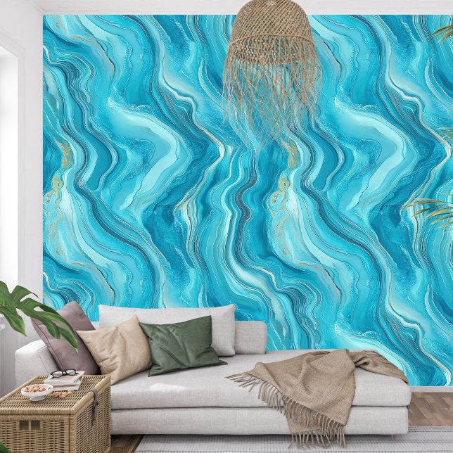 Elegante wervelende turquoise agaatgolven behang (Elegant swirling Turquoise agate waves Wallpaper)