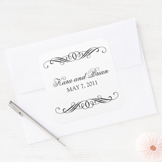 Elegante werveling bruiloft vierkante sticker (Envelop)