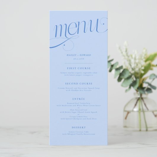 Elegante Werveling Ijsblauw Trouwmenu Menu (Staand voorkant)